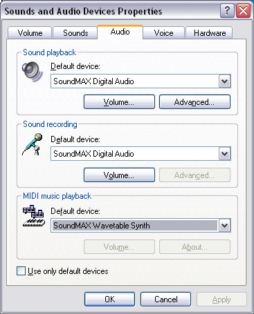 Windows XP Sound Tab in Control Panel